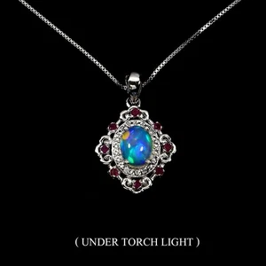 925 Sterling Silver Necklace Oval Fire Opal Ruby Topaz Natural Gemstone Jewelry - Picture 1 of 13