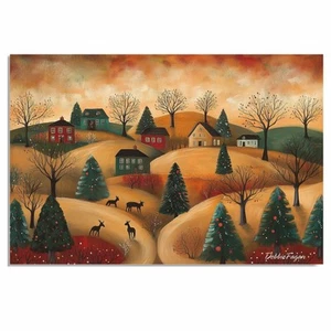 Folk Art Christmas with Rolling Hills Flat Rolled, Framed or Wrapped Canvas - Picture 1 of 19