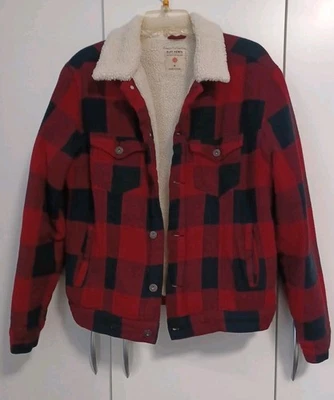 Ruff Hewn Men’s M  Red Flannel Trucker Jacket With Sherpa Lining - Image 1 of 4