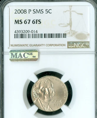2008 P JEFFERSON NICKEL NGC MS67 FS SMS MAC SPOTLESS   * - Image 1 of 2