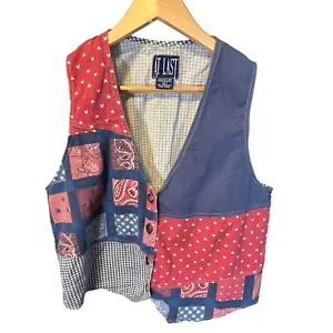 Vintage 80s 90s At Last Red White Blue Buttoned Sleeveless Patchwork Vest L - Picture 1 of 5