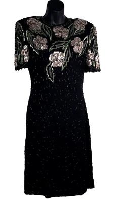 Vintage Scala Womens Black Sequin Beaded 100% Silk Cocktail Dress VTG L Modern 6 - Image 1 of 4
