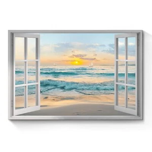 Window View Canvas Wall Art: Open Window Beach Coastal Sailboats Picture Larg... - Picture 1 of 6