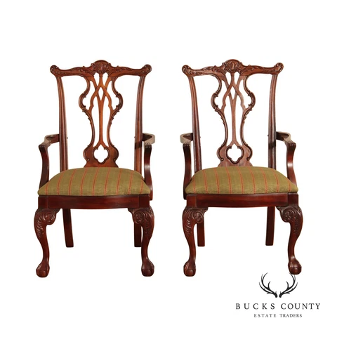 Thomasville Furniture Chippendale Style Pair of Carved Mahogany Dining Armchairs Cover