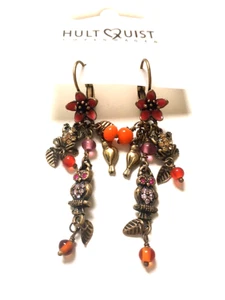 NEW HULTQUIST GOLD PLATED EARRINGS ORENGE BEADS OWL FLOWERS FROGS BIRDS CHARMS - Picture 1 of 3