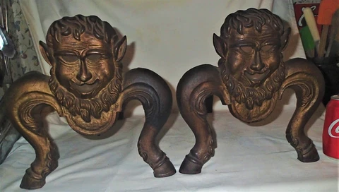 ANTIQUE PRIMITIVE BRADLEY & HUBBARD CAST IRON SATYR FAUN PAN FIREPLACE ANDIRONS Cover