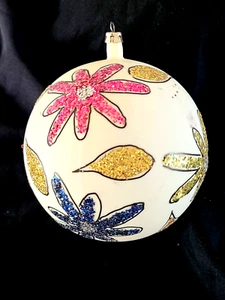 JUMBO Vintage mundgeblasenes Glas Weihnachtsschmuck handbemalt mit Glitzerblumen 4,5" - Bild 1 von 10