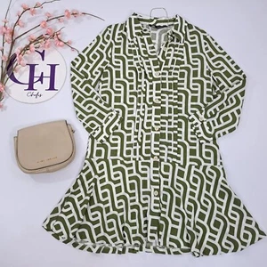 New Zara Linen Mix Geometric Shirt Dress Green White 3/4 Sleeves Size M Y517 - Picture 1 of 17
