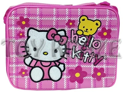 HELLO KITTY LUNCH BOX! PINK WHITE STITCH YELLOW BEAR FLOWERS SCHOOL TOTE BAG NWT - Image 1 of 3