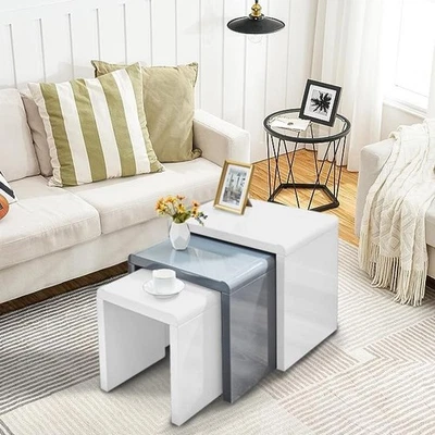 Space Saving Nesting Coffee Table Set Grey/White Tempered Glass Top Modern - Image 1 of 4