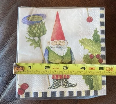 New Mackenzie Childs Home Sweet Gnome Cocktail Napkins. 5.5” Square Pack Of 20 - Image 1 of 2