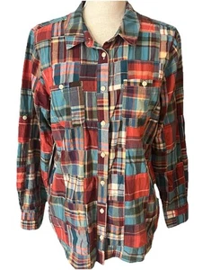 LL Bean Womens Colorful Madras Patchwork Button Up Cotton Shirt Preppy Medium - Picture 1 of 11