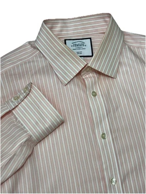 Charles Tyrwhitt 100% Cotton Shirt 17/37 Pink White Striped Slim Fit Non-Iron - Image 1 of 4