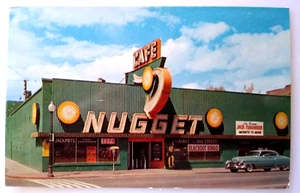 Nugget Casino Postcard Sparks Nevada Cafe Neon Sign Old Car Automobile Chrome - Picture 1 of 2