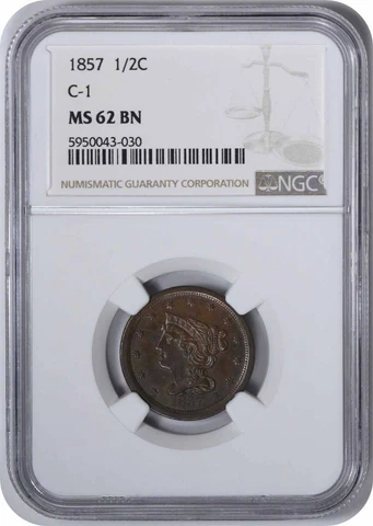 1857 Half Cent MS62BN NGC Cover