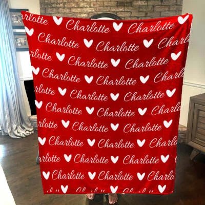 Personalized Name & Hearts Name Throw Blanket | 30x40 | 50x60 | 60x80 | Fleece - Image 1 of 4