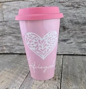 Life Is Good Home ceramic travel mug etched heart cursive lettering pink white - Picture 1 of 7