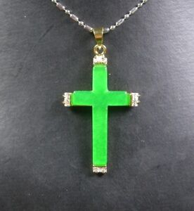 Genuine Ice Green Jade Cubic Zirconia Jesus Cross 18KGP Pendant Chain Necklace