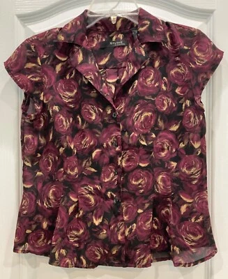 Studio Womens Button Up Blouse Size 6 Petite Burgundy Beige Rose Floral 163 - Image 1 of 4