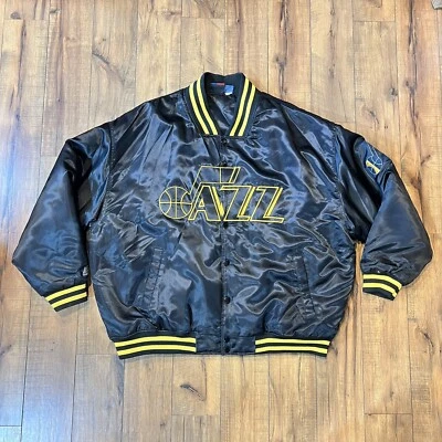 Majestic Utah Jazz Satin Jacket ~ Black & Yellow Snap Quilted NBA ~ Mens 4XL - Image 1 of 4