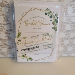Printed Party Bridal Shower Invitations and Envelopes Gold Greenery Set of 25 - Picture 1 of 5