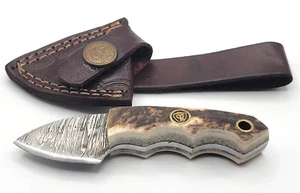 Mini Damascus Steel Fixed Blade Stag Bone Handle Infinity USA Knife & Sheath #2 - Picture 1 of 11