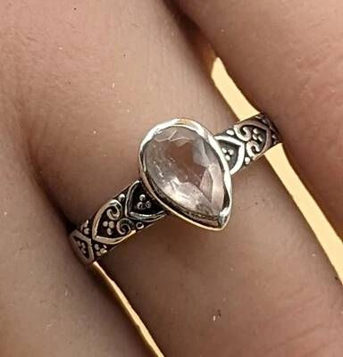 New 925 Sterling Silver Natural Pear Cut Rose Quartz Gemstone Solitaire Ring O - Image 1 of 4