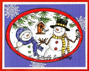 WINTER SNOWMAN OVAL BIRDS SCENE Wood Mounted Rubber Stamp NORTHWOODS P10375 New