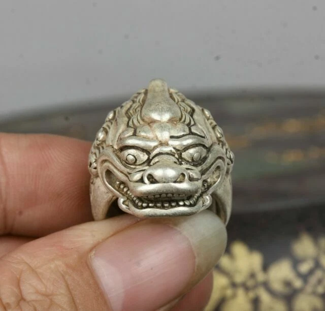 Anillo de mano antiguo chino Miao plata Qilin bestia cabeza de kylin bestia joyería 2,5 cm Foto 1 de 4