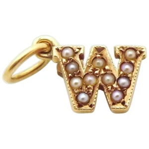 Charm Alfabeto Vintage Oro 10K Art Decò "W" con Perle Semi anni '30 - Foto 1 di 4