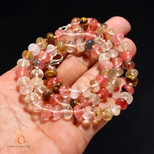 18" Cherry Quartz Gemstone Beaded Hand Knotted 925 Sterling Silver Necklace, 8MM - Picture 1 of 2