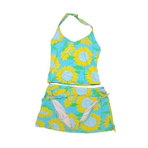 Lilly Pulitzer Tankini Floral Blue 3 Piece Halter Skirt Swimsuit Vtg Womens 10 - Picture 1 of 8