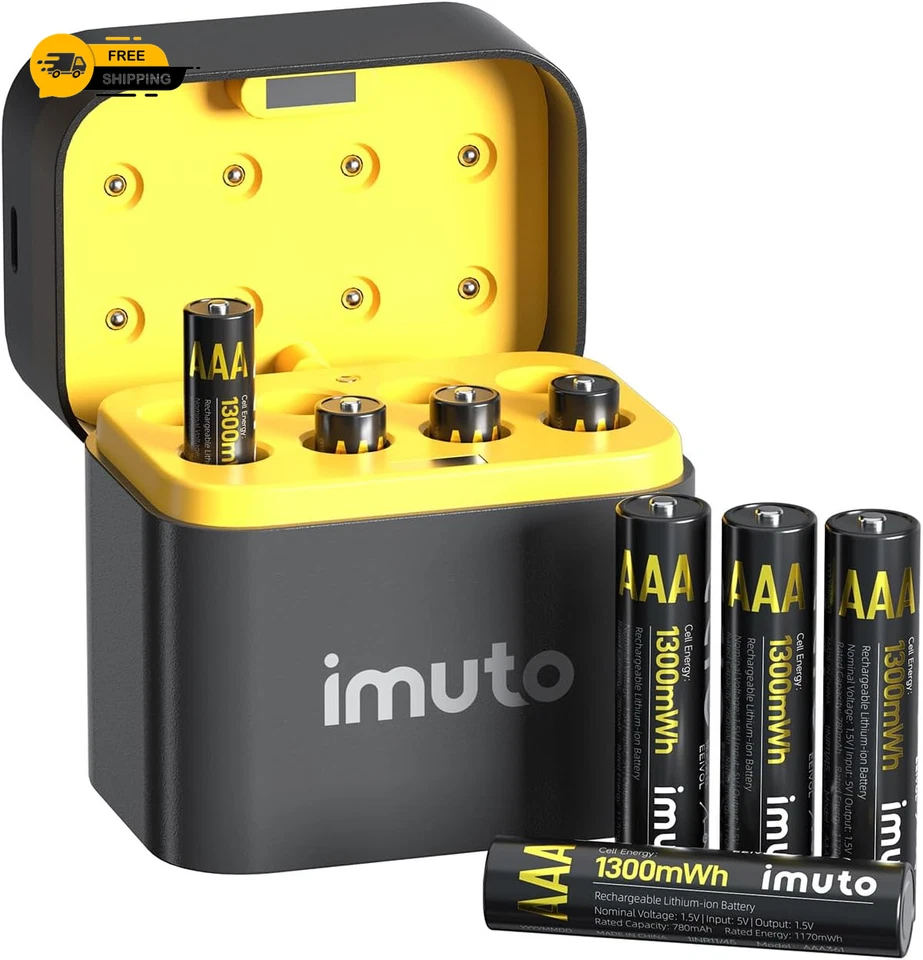 Imuto Rechargeable AAA Batteries Lithium 8 Pack with Fast Charger 1300Mwh 1.5V C