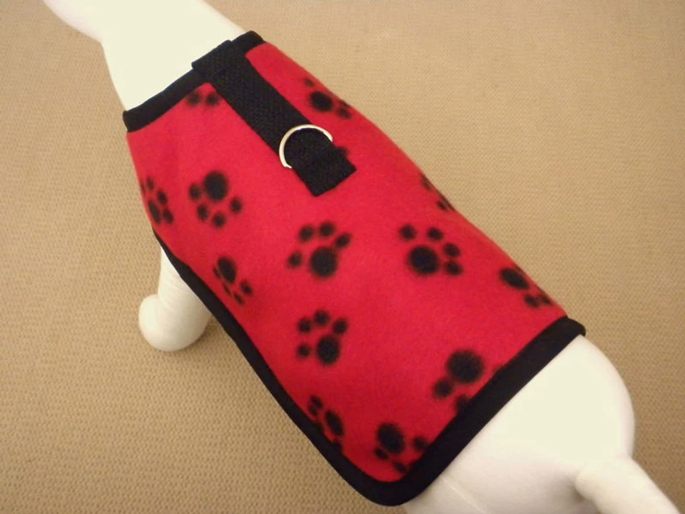 LITTLE PAWS APPAREL Red Fleece With Black Paws Dog Harness Clothes Coat