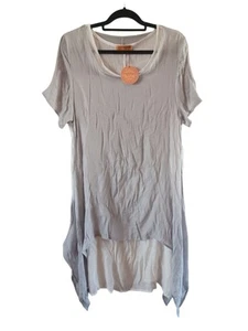 NEU MIT ETIKETT L/XL Baumwolle Lagenlook leicht fließend taubengrau & weiß Gaze Kleid - Bild 1 von 16