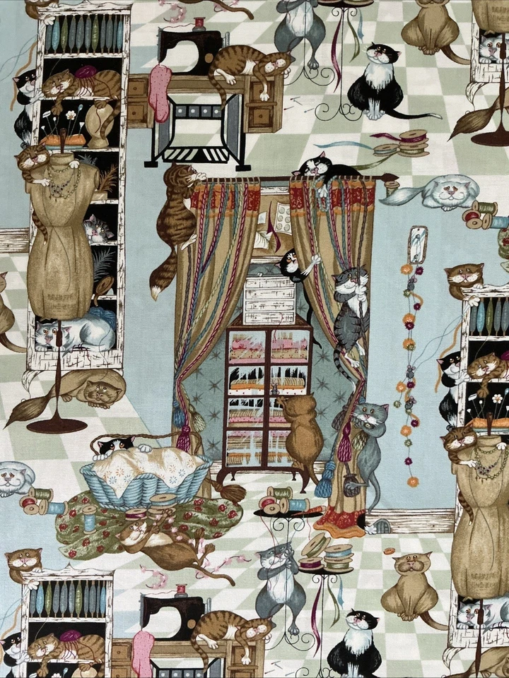 Whiskers & Tails Linda Smith Kaufman Fabric Havoc In Sewing Room 2 Yds -1”  Cats - Image 1 of 3