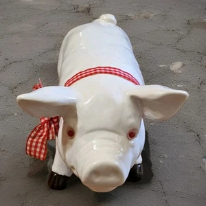 Vintage Ceramic White Pig With Glass Eyes Red Bow Farmhouse Decor Made in Japan - Picture 1 of 10