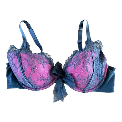 Cacique Bra Size 40D Hot Pink With  Black Lace Overlay And Black Lace Bow - Image 1 of 4