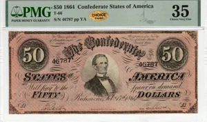 T-66 PF-2 1864 $50 Confederate Paper Money - PMG Choice Very Fine 35 - CHOICE! - Picture 1 of 2