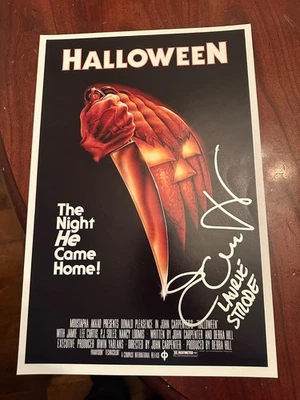 Póster de Halloween firmado por Jamie Lee Curtis raro Insc Gtd para pasar foto de prueba JSA Foto 1 de 3