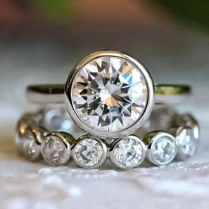 2.2CT Round Moissanite Wedding Matching Bridal Ring Set In 14k White Gold Plated - Picture 1 of 9