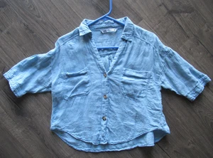 Zara Damen Bluse 4335 Blau Cropped Leinen Knopfleiste Kragen Fronttaschen Gr. XS - Bild 1 von 4