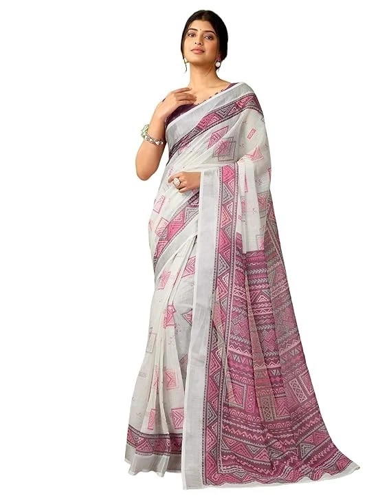 Sari para mujer de algodón y lino estampado listo para usar con pieza de blusa Foto 1 de 1