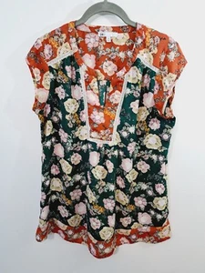Dr2 Nlouse Women's Green Orange Floral Small Cap Sleeve - Picture 1 of 6
