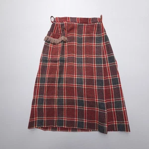 Vintage Wool Plaid Skirt Size 23 x 26" Red Prairie Academia Country Pleat Pocket - Picture 1 of 9
