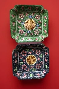 2 Chinese Canton Cloisonné Trinket Pin Dishes Catchalls Long Healthy Life Antq - Picture 1 of 18