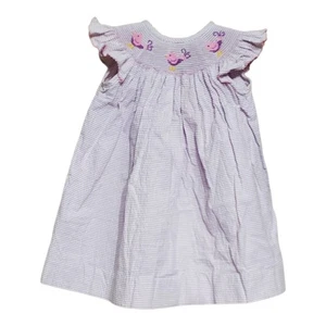 Klassisches launisches gesmoktes Sommerkleid 18 Monate Küken Vögel lila Seersucker Streifen - Bild 1 von 12