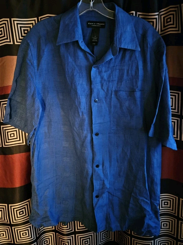 Linen Rayon Hawaiian Button Up Shirt  M Blue Geometric Crazy Horse - Image 1 of 4