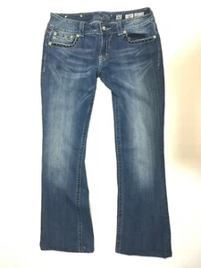 Miss Me Low Rise Flare Jean Destroyed Stretch Blue Denim 28x35 Embellished Flap - Foto 1 di 12