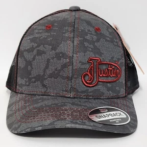 Justin Camo Snapback Hat Logo Trucker Cap Grey Black Maroon Mesh-back Ventilated - Picture 1 of 9